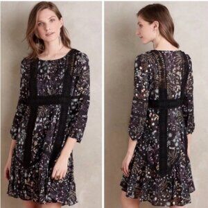 Moulinette Soeurs Anthropologie Floral Print Dress Lace Trim Size 2 Women's
